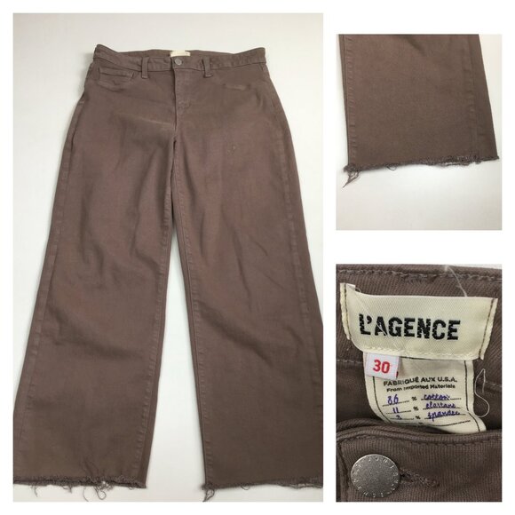 L'AGENCE Faux Pockets Deep Taupe Wanda High Rise Crop Wide Leg Raw Hem Jeans - Picture 1 of 14
